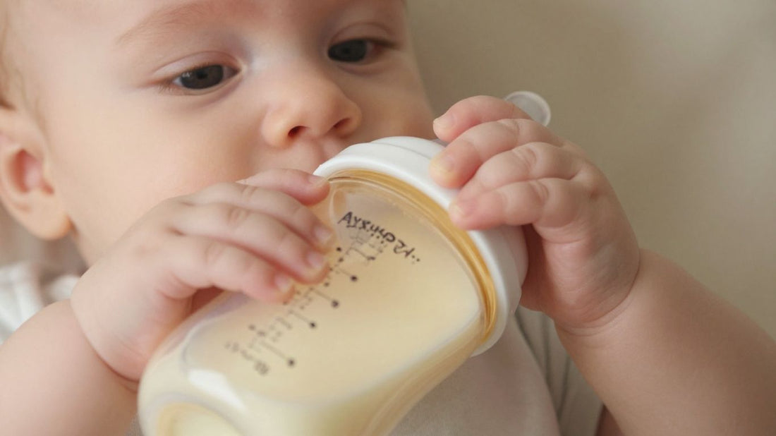 Manos de bebé sosteniendo un biberón de leche de fórmula.