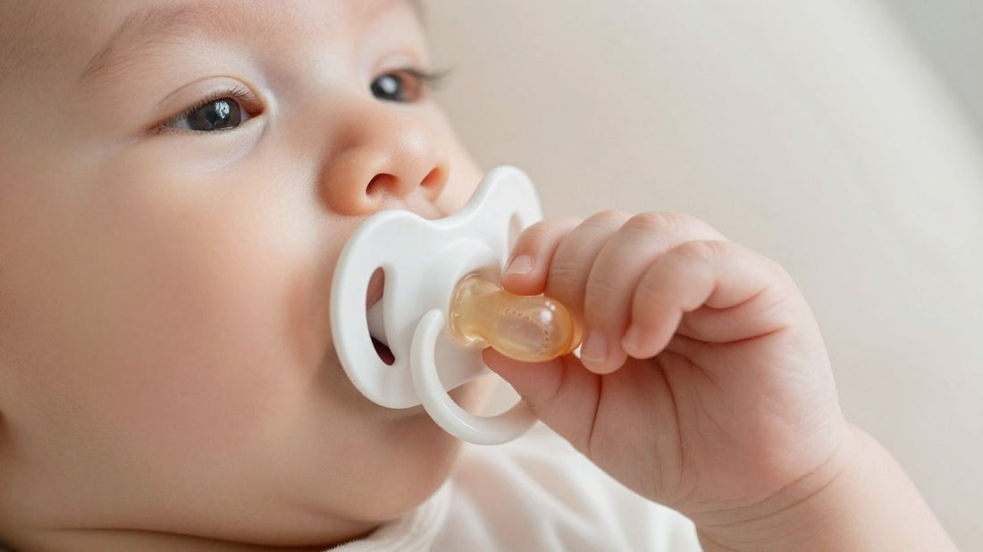 Bebé sosteniendo chupete de látex Suavinex en primer plano