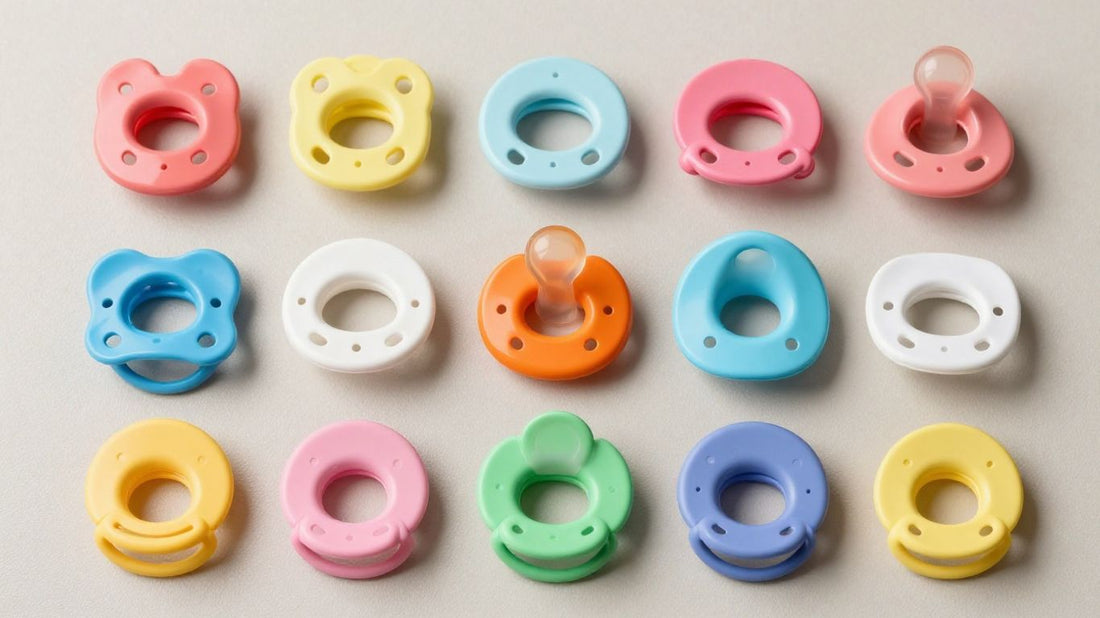 Chupetes de bebé de diferentes formas y colores.