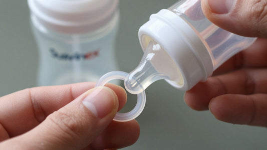 Colocando la tetina Suavinex en el biberón.