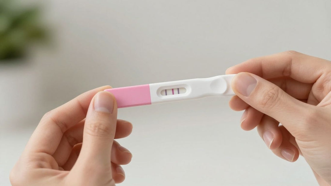 Mujer con prueba de embarazo positiva en sus manos.