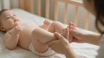 Madre masajeando las piernas de su bebé con ternura.