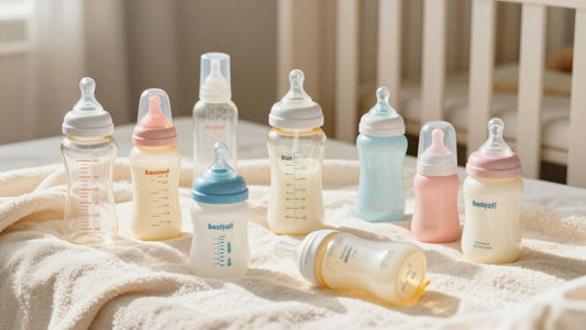 Variedad de biberones para bebé en una habitación infantil.