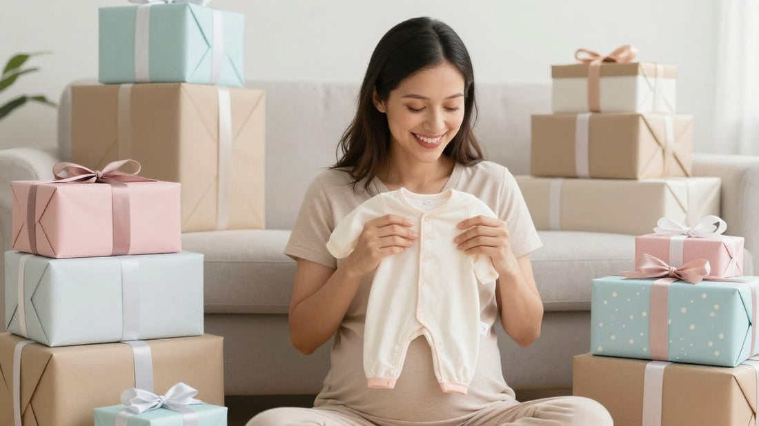 Mujer embarazada feliz rodeada de regalos únicos.