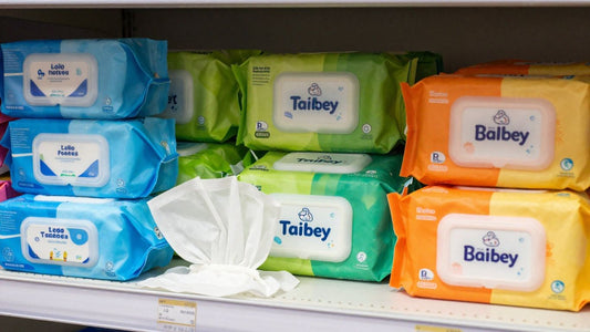 Paquetes de toallitas para bebés en estante de Carrefour.
