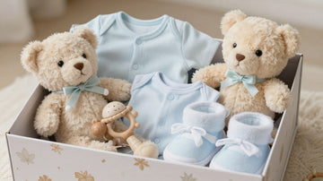 Caja de regalo para bebé con ropa y juguetes.
