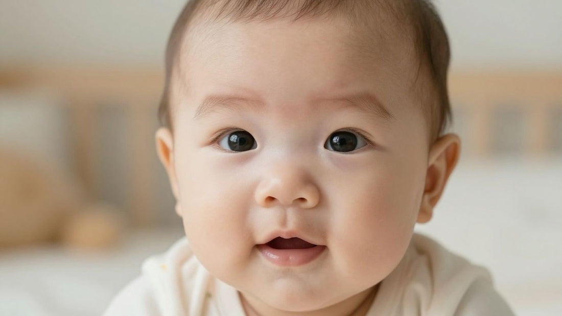 Bebé sonriendo con un biberón.