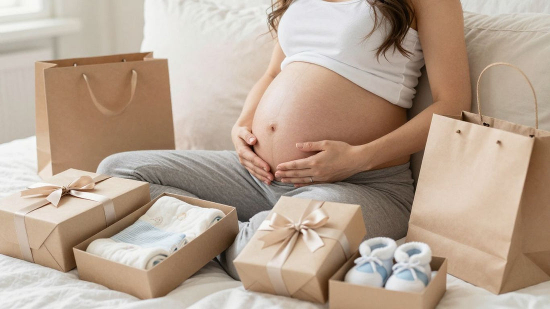 Regalos para futura mamá, mujer embarazada feliz.