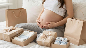 Regalos para futura mamá, mujer embarazada feliz.
