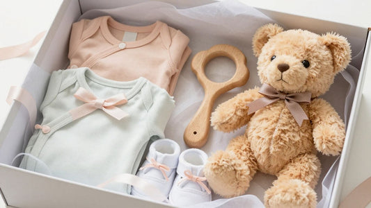 Caja de regalo para bebé con ropa y juguetes.
