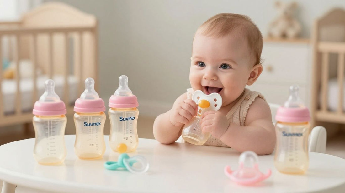 Bebé feliz con tetinas Suavinex en una guardería cálida.