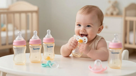 Bebé feliz con tetinas Suavinex en una guardería cálida.
